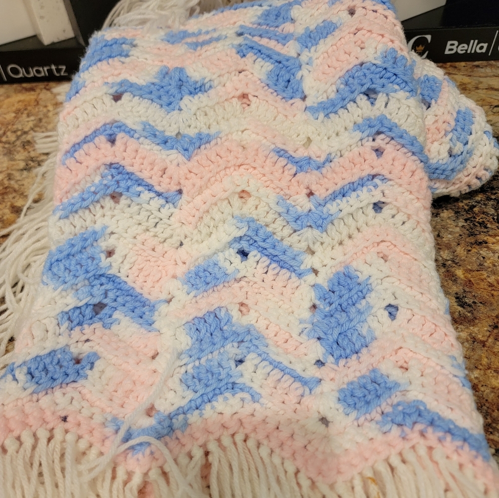 Blue, pink, and white baby Afghan hand-made with Fringe